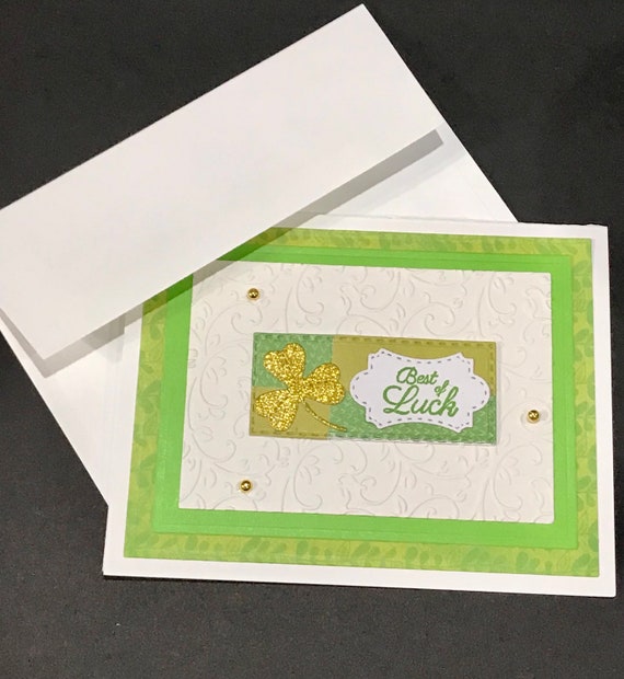 Good Luck Card, Gold Shamrock, Handmade A2 Card