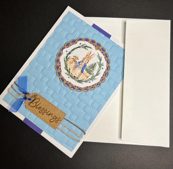Blessings card, A2 size, soft blue and sweet bunny