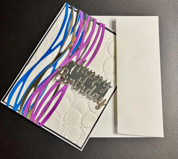 Happy Birthday card, A2 size, purple, blue , silver wavy lines