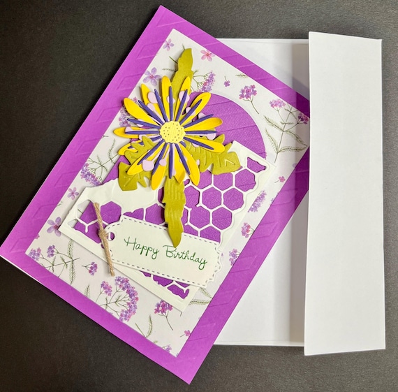 Handmade Birthday card, A2 size. Happy Birthday, purple floral and Daisy