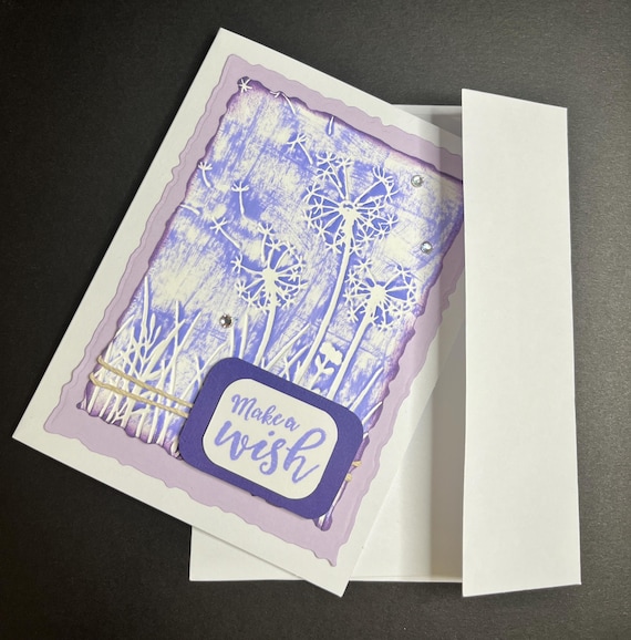 Make a Wish, A2 size. Birthday card,Dandelion backaground and purple