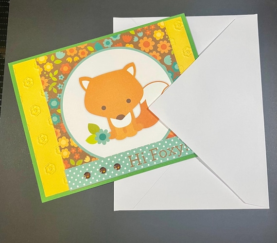 Fox Birthday Card: Handmade Floral A2 Card with Rhinestones