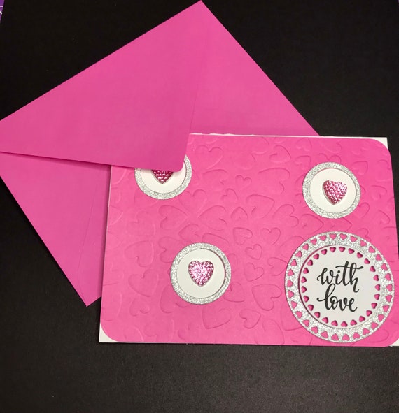 Pink Embossed Heart Card: With Love, Rhinestone Detail (A2 Size)
