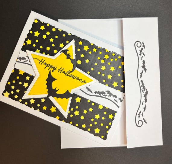 Handmade Halloween card, A2 size, Happy Halloween, yellow stars and bats