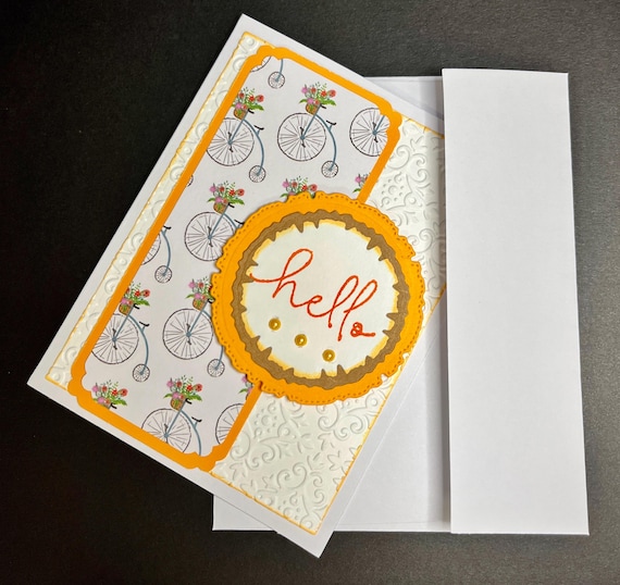 Handmade Hello card, A2 Size, Hello, high wheel bicycle and tangerine