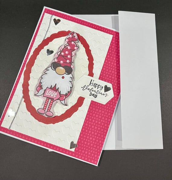 Happy Valentines Day card, Gnome, pink and burgundy