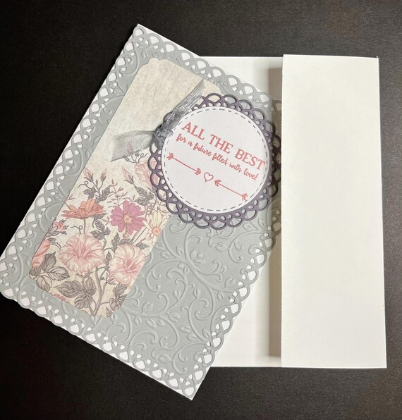 Wedding card, A2 size, gray and pink with floral