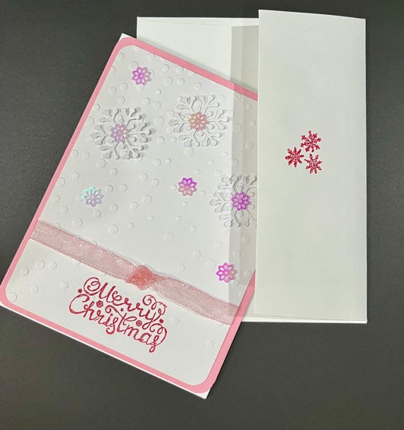 Merry Christmas card, pink satin ribbon