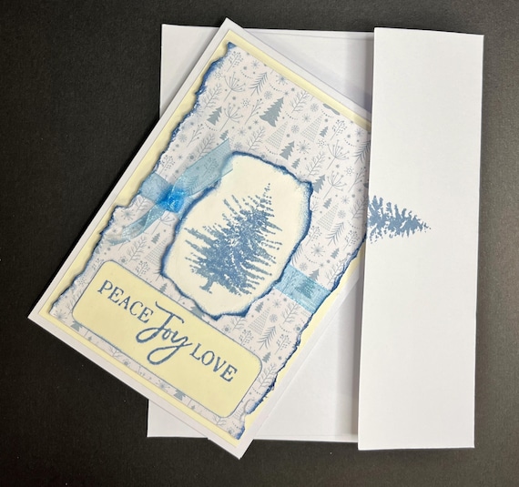 Handmade Christmas card, Peace Joy Love, blue pine tree