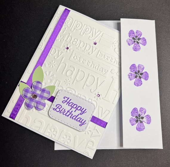 Happy Birthday card, A2 size, purple plaid flower and ribbon