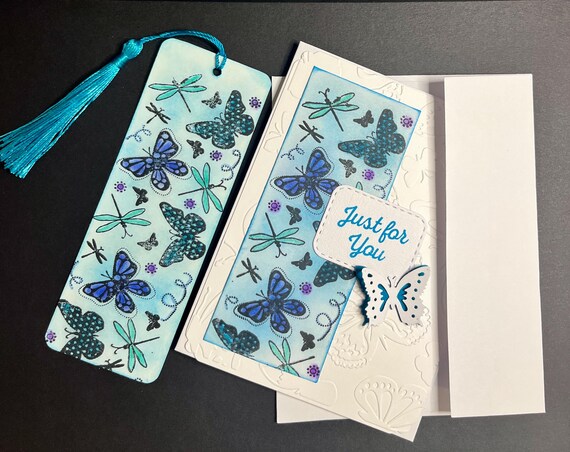 Handmade card and bookmark set, A2 size, Summer Wings & shades of blue