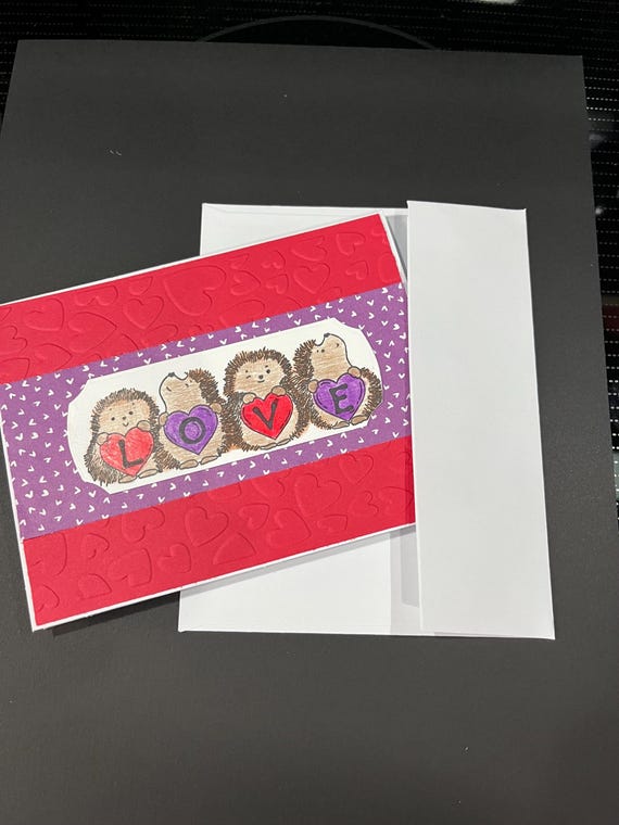 LOVE , hedgehog valentine card, red and purple