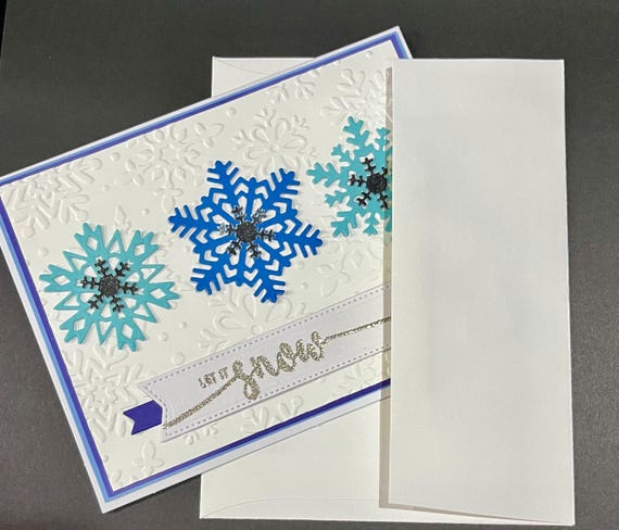 Let It Snow Christmas card,three blue snowflakes, shimmery