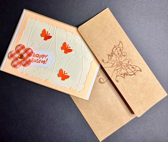 happy Easter card, A2 size, butterfly vines and plaid flower