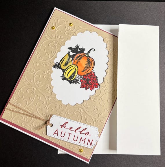 Handmade Thanksgiving/Autumn card, A2 size, hello Autumn, pumpkin and pear