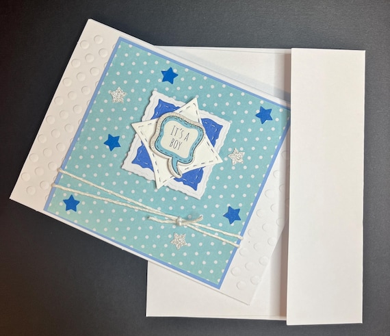 It’s a Boy, A2 size, baby card, blue and white, stars and hemp cord.