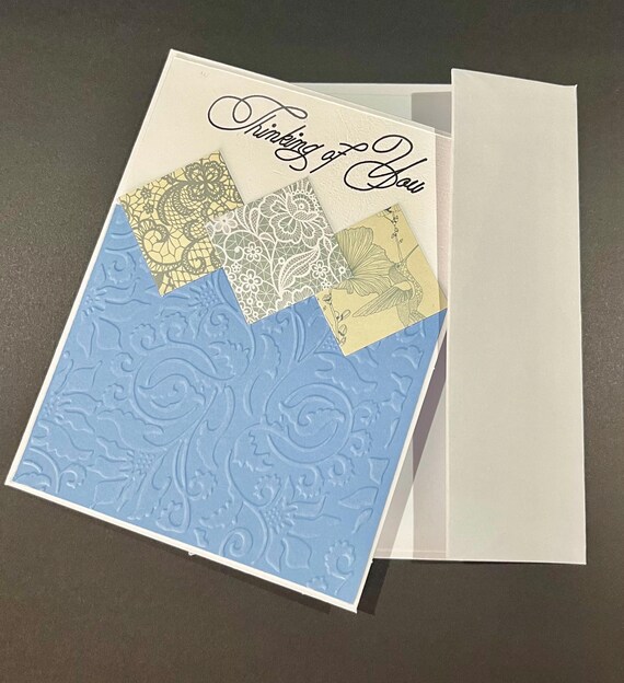 Thinking of You card, A2 size, white and blue