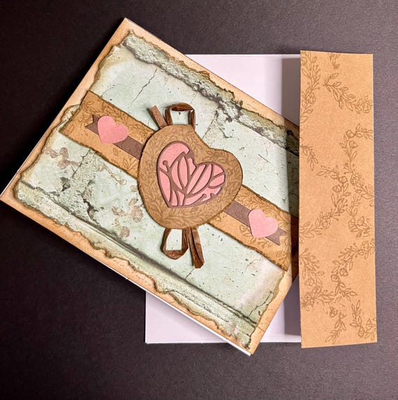 Rustic heart, A2 size card, blue, brown, pink