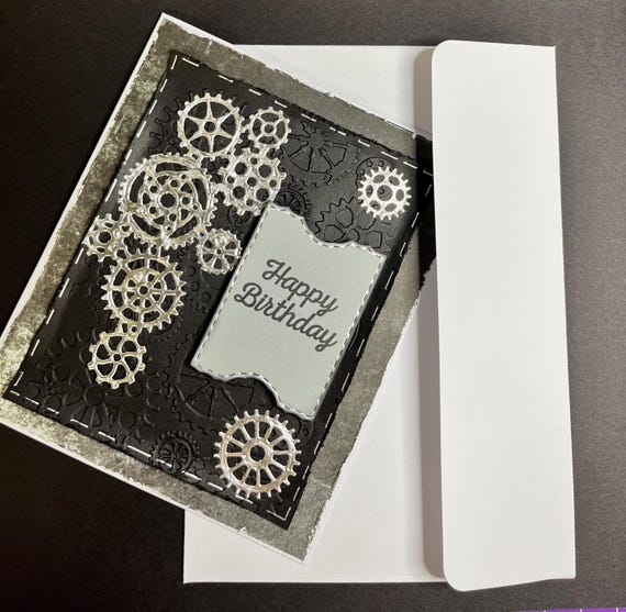 Happy Birthday,5x6 folded card,silver foil gears
