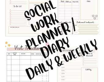 May include: A printable planner designed for social workers. The planner includes sections for weekly, daily, and visit tracking. The planner has a floral design with pink and yellow accents.
