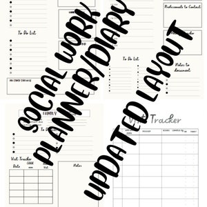Könnte beinhalten: Ein Planer-Layout mit Abschnitten für die Wochen- und Tagesplanung, einschließlich To-Do-Listen, Besprechungszeiten und einem Besuchstracker. Der Text "SOCIAL WORK PLANNER/DIARY UPDATED LAYOUT" ist über die Seiten gelegt. Das Design ist in Schwarz und Weiß.