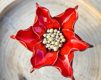 Large Ceramic Poinsettia - Unique handmade red velvet table centerpiece or garden ornament, premium Christmas star decor for winter wreath