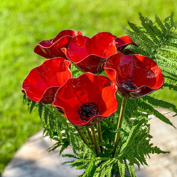 Medium Ceramic Poppy - For faux flower bouquet as garden & home decore, real touch flowers, grave decoration and remembrance ornament