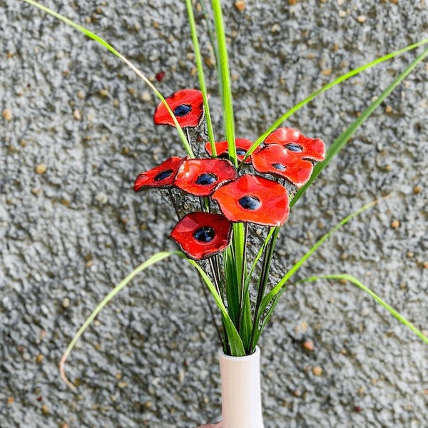 Ceramic Dark Daisy (1 pc) - Small handmade ceramic flower, red or blue glaze on black clay, as minimalistic dark theme floral decor