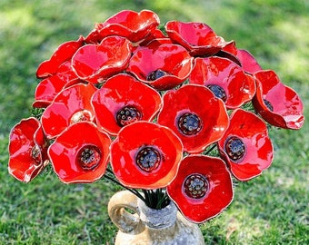 Ceramic Poppy - Real touch flower for faux flower bouquet alternative & wreath, red floral centerpiece, remembrance poppy, grave decoration