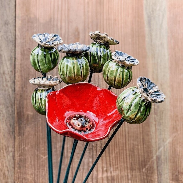 Ceramic Poppy Head - Fleur faite à la main (1 pc), ajout parfait au bouquet de fleurs de pavot en tant que pièce maîtresse florale, décoration intemporelle pour la maison des fleurs