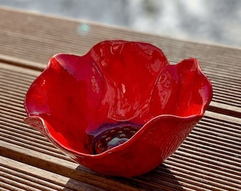 Large Ceramic Poppy Decorative Bowl - Faux flower handmade home decore, bird seed or water feeder, cheap kitchen decor