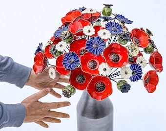 X-Large Poppy-Cornflower Bouquet (38 flowers) - Floral arrangement of handmade ceramic flowers, flower girl gift set, boho wedding bouquets