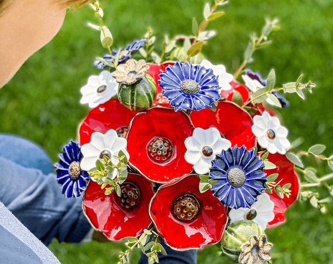 Medium Poppy-Cornflower Bouquet (22 flowers) - Floral arrangement of handmade ceramic flowers, flower girl gift set, boho wedding bouquets