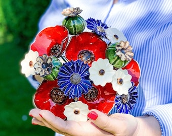 Small Ceramic Poppy Cornflower Bouquet (16 flowers) - Exceptional faux flower bouquet of handmade real touch flowers, polish folk art