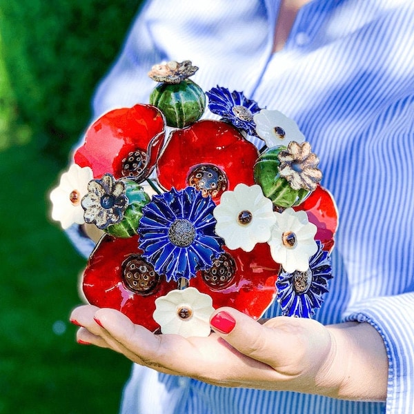 Small Ceramic Poppy Cornflower Bouquet (16 flowers) - Exceptional faux flower bouquet of handmade real touch flowers, polish folk art