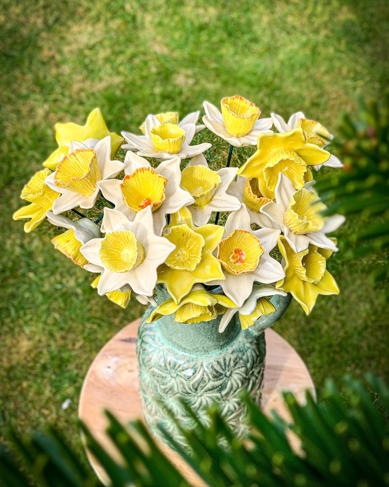 Ceramic Daffodil Bouquet Spring & Easter floral arrangement, handmade beige and yellow premium ornament, perfect pottery anniversary gift image 2