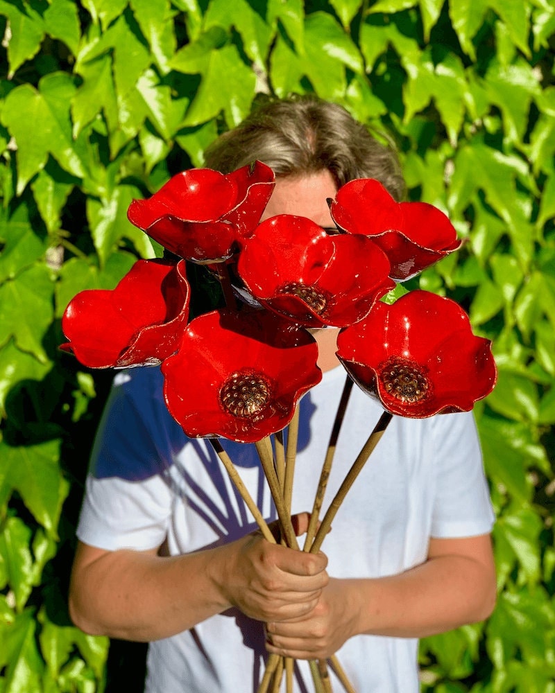 Large Ceramic Poppy - Handmade Garden Decoration, Unique Bird