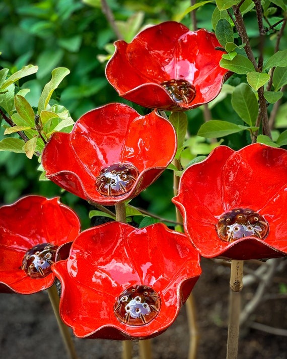 Large Ceramic Poppy - Handmade Garden Decoration, Unique Bird