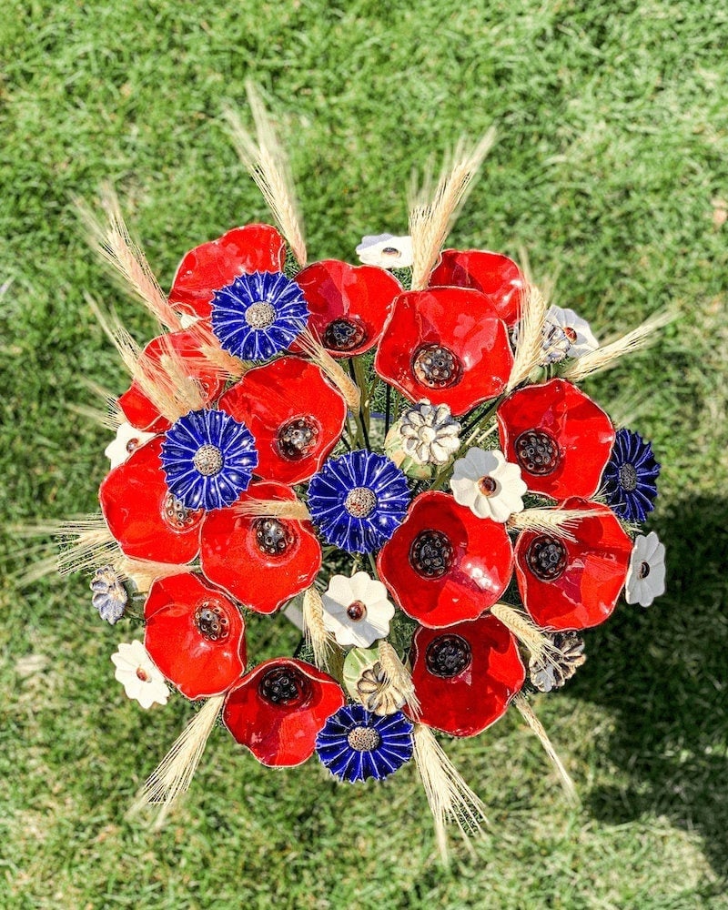 Large Poppy-cornflower Bouquet (28 Flowers) - Floral Centerpiece