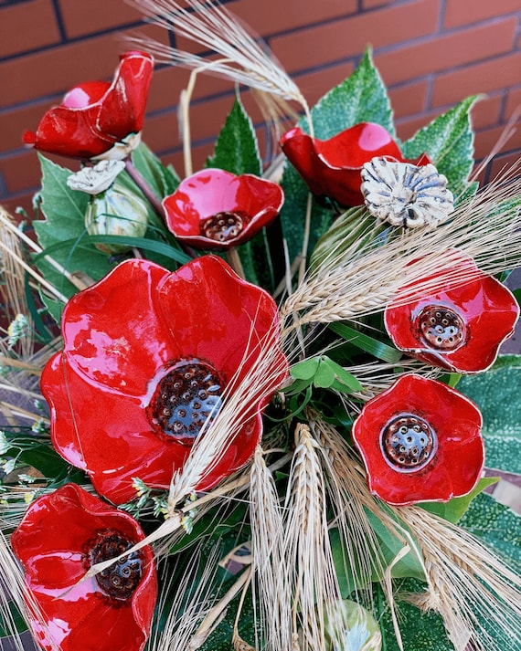 Large Ceramic Poppy - Handmade Garden Decoration, Unique Bird