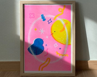 A3 Risograph von zwei Vögeln.