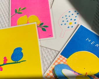 Risograph Print Set of Yellow and blue Birds