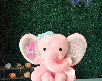 Elephant Keepsake Birth stats, Personalized baby teddy , Personalized kids Elephant, custom name plush, Birth stats gift, baby shower gift.