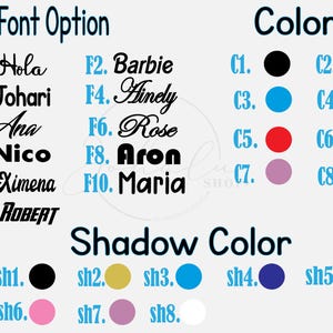May include: Image displaying font options with examples like "Hola" and "Barbie", color swatches, and shadow color choices. The text is in black and blue, with color swatches in various hues.