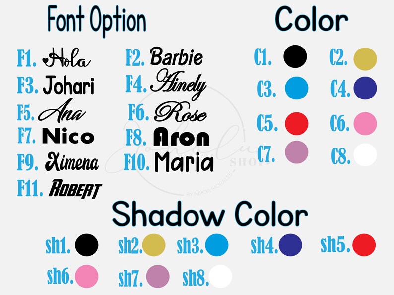 May include: Image displaying font options with examples like "Hola" and "Barbie", color swatches, and shadow color choices. The text is in black and blue, with color swatches in various hues.