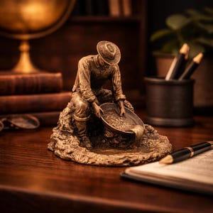 Peut inclure: Figurine de couleur bronze représentant un chercheur d'or. La figurine, portant un chapeau et des vêtements de travail, est assise avec une poêle. La statue est sur une base rocheuse, avec un arrière-plan flou de livres et d'un globe.