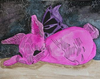 May include: Watercolor painting of a pink bunny with black markings and purple butterfly wings. The bunny is lying down on a light brown surface, with a dark blue background speckled with white stars.