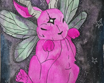 May include: Watercolor painting of a pink bunny-like creature with large, green and black-veined wings. The bunny has a star on its forehead and is set against a dark blue and purple starry background. The art style is whimsical.