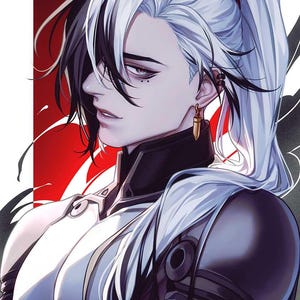 May include: A digital illustration of a person with white and black hair, wearing a black and white armoured suit. The person has a serious expression and is looking to the side. The background is a red and black gradient.