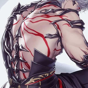 Peut inclure: Illustration d'une figure aux cheveux blancs et aux yeux rouges, portant une armure noire aux motifs complexes. Des marques rouges ornent le dos et les bras de la figure. La figure est vêtue de vêtements noirs avec des accents dorés.